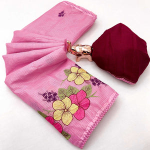 Elegant Pink Kota Doria Saree with Detailed Floral Thread Work & Premium Crochet Lace Border
