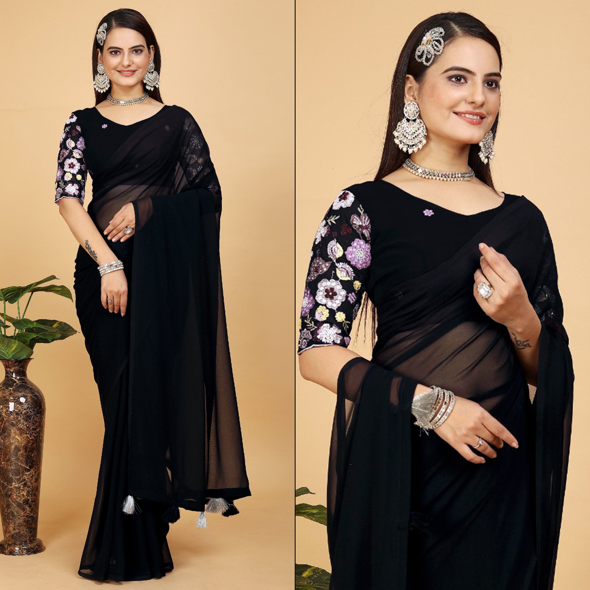 Black Solid Georgette Saree With Tassels