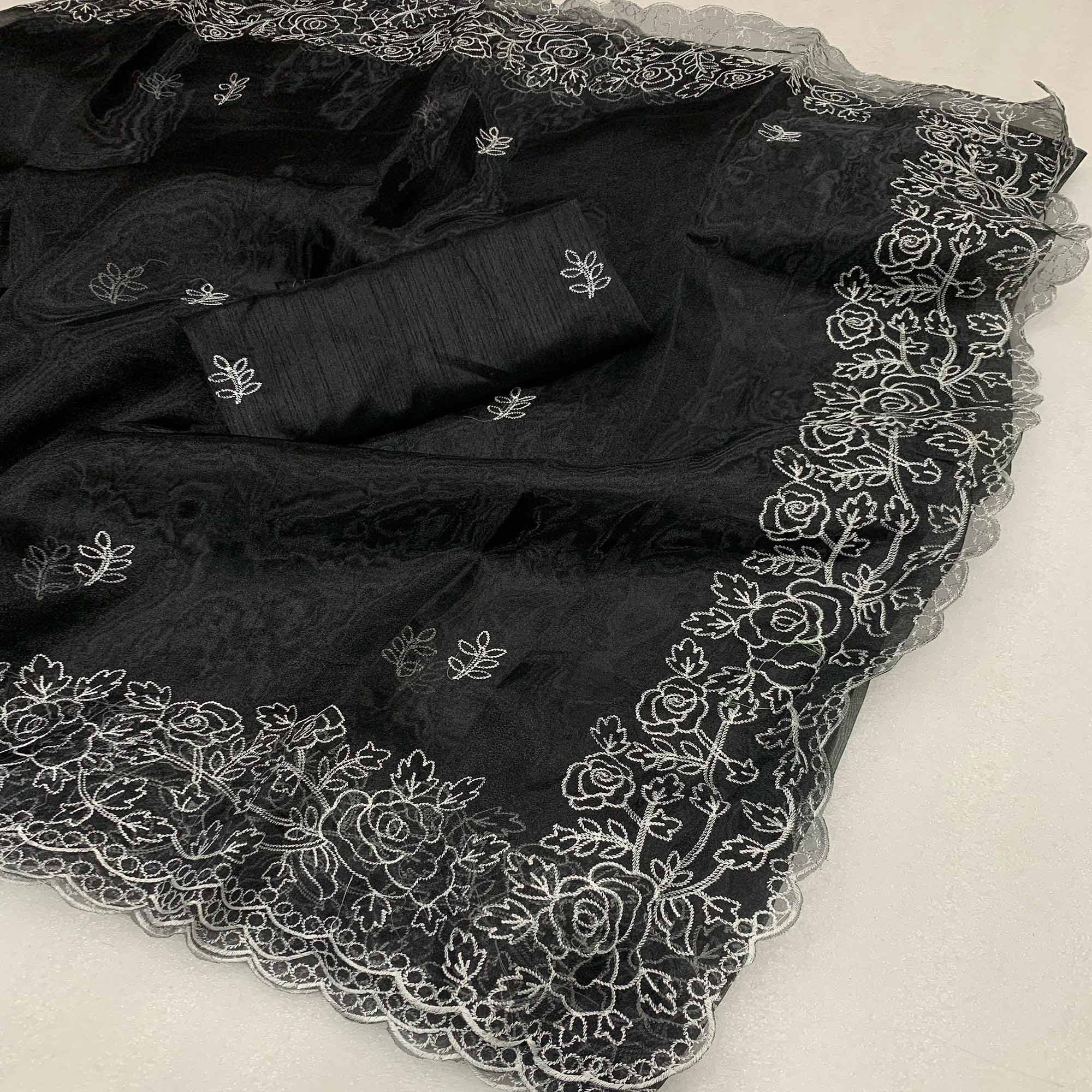 Black Floral Embroidered Organza Saree