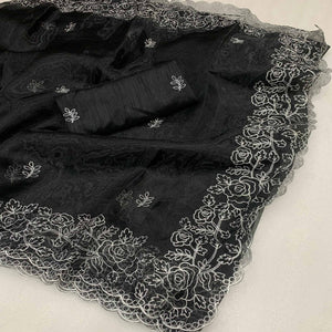 Black Floral Embroidered Organza Saree