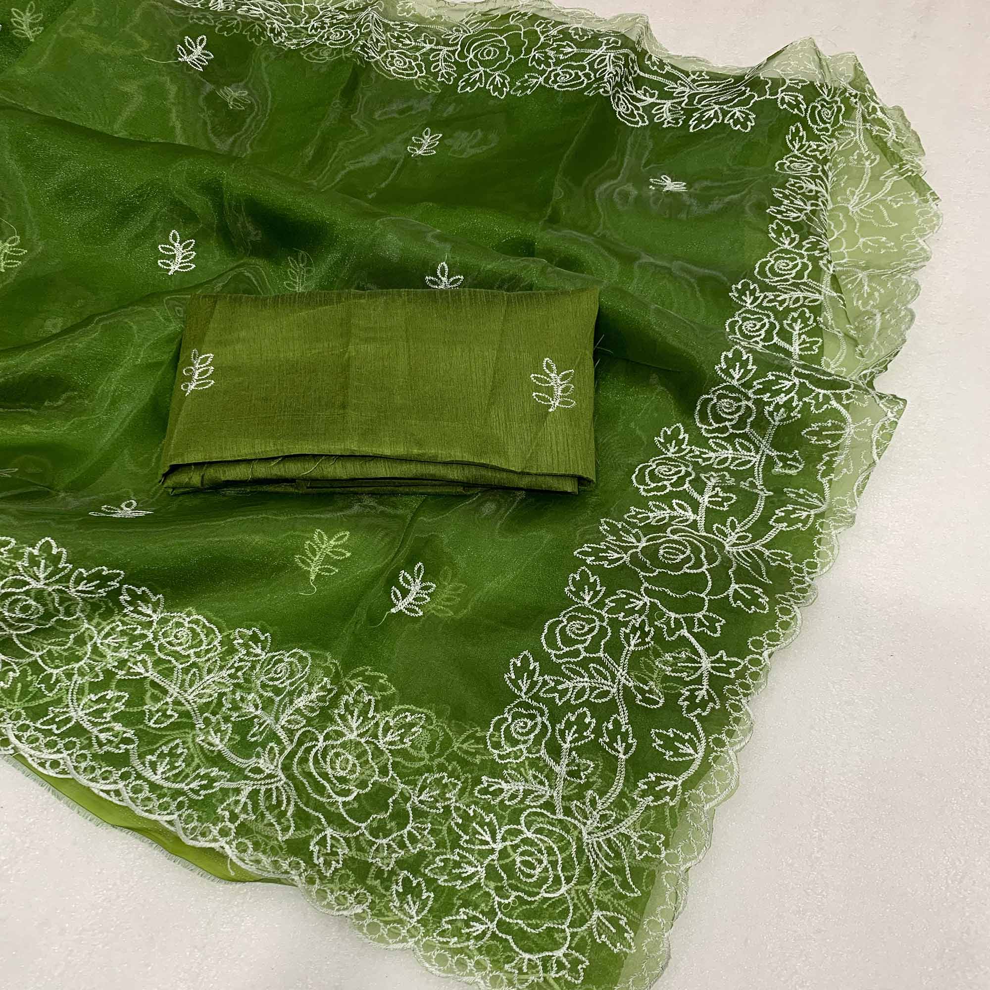 Mehendi Green Floral Embroidered Organza Saree