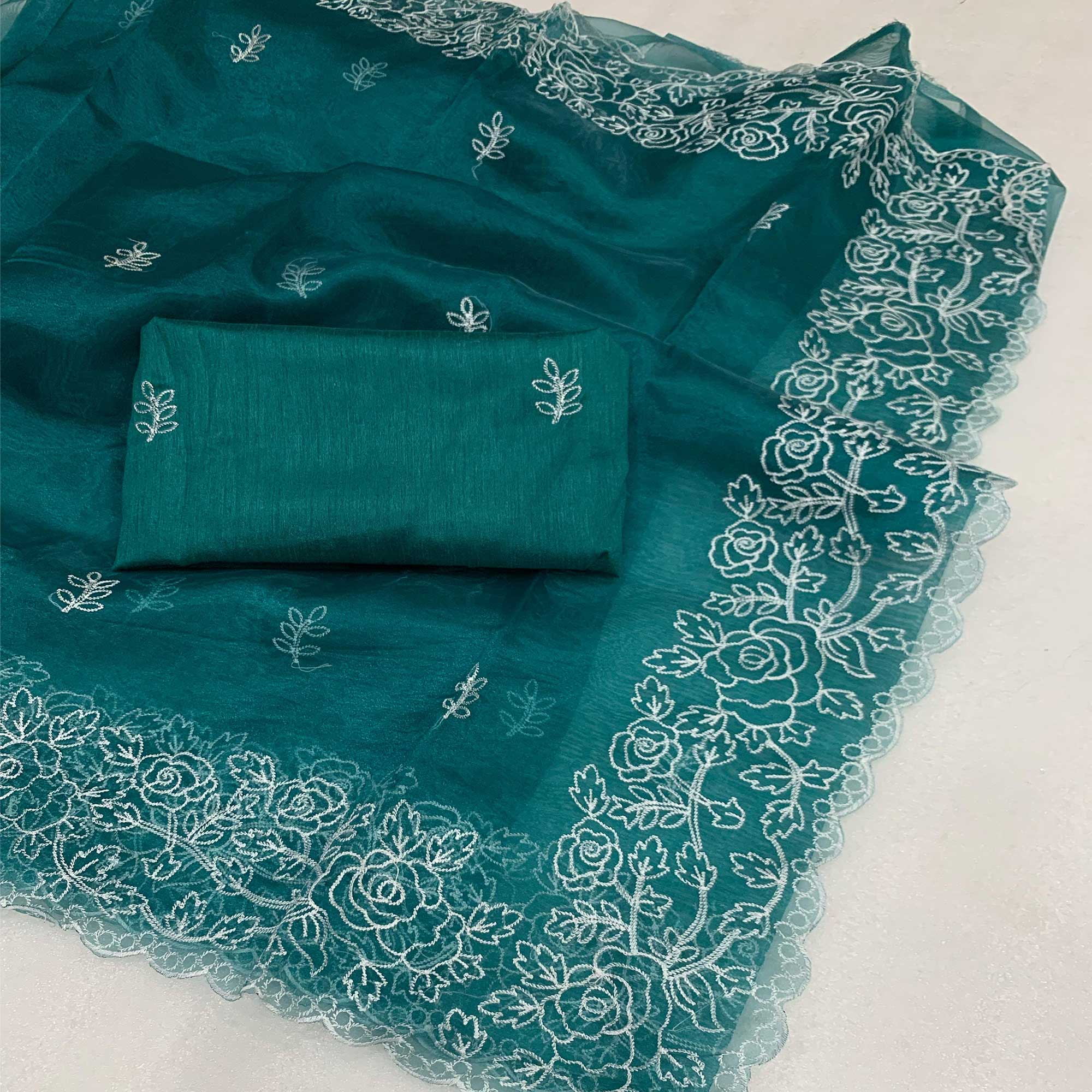 Teal Floral Embroidered Organza Saree