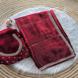 Classic Maroon Pure Silk Saree Adorned With Sparkling Jarkan Work & An Exquisite Designer Border
