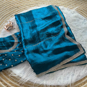 Classic Peacock Blue Pure Silk Saree Adorned With Sparkling Jarkan Work & An Designer Border