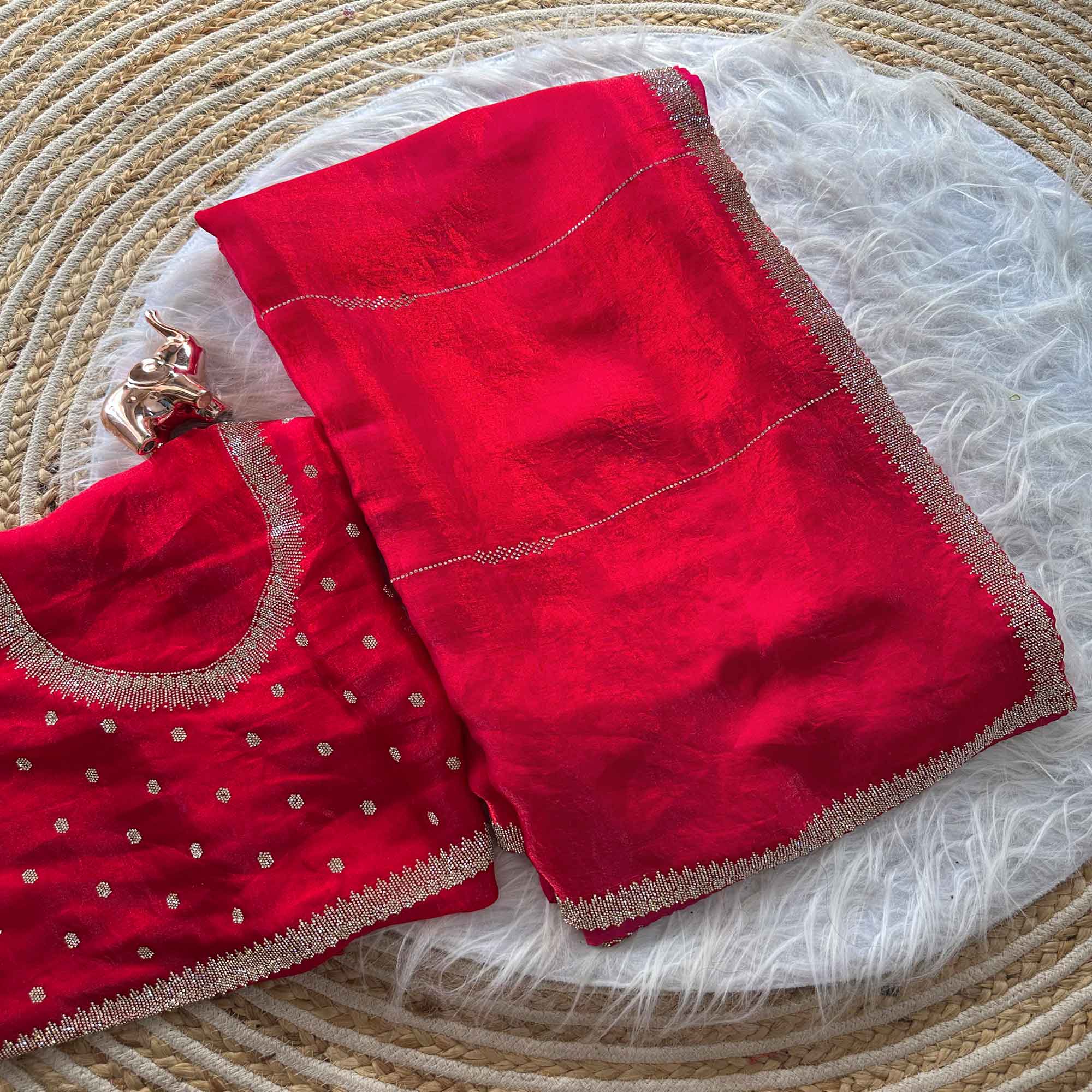 Classic Rani Pink Pure Silk Saree Adorned With Sparkling Jarkan Work & An Exquisite Designer Border