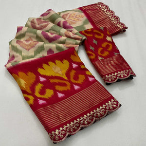 Beige & Pink Ikkat Printed Dola Silk Saree With Sequins Embroidery Border