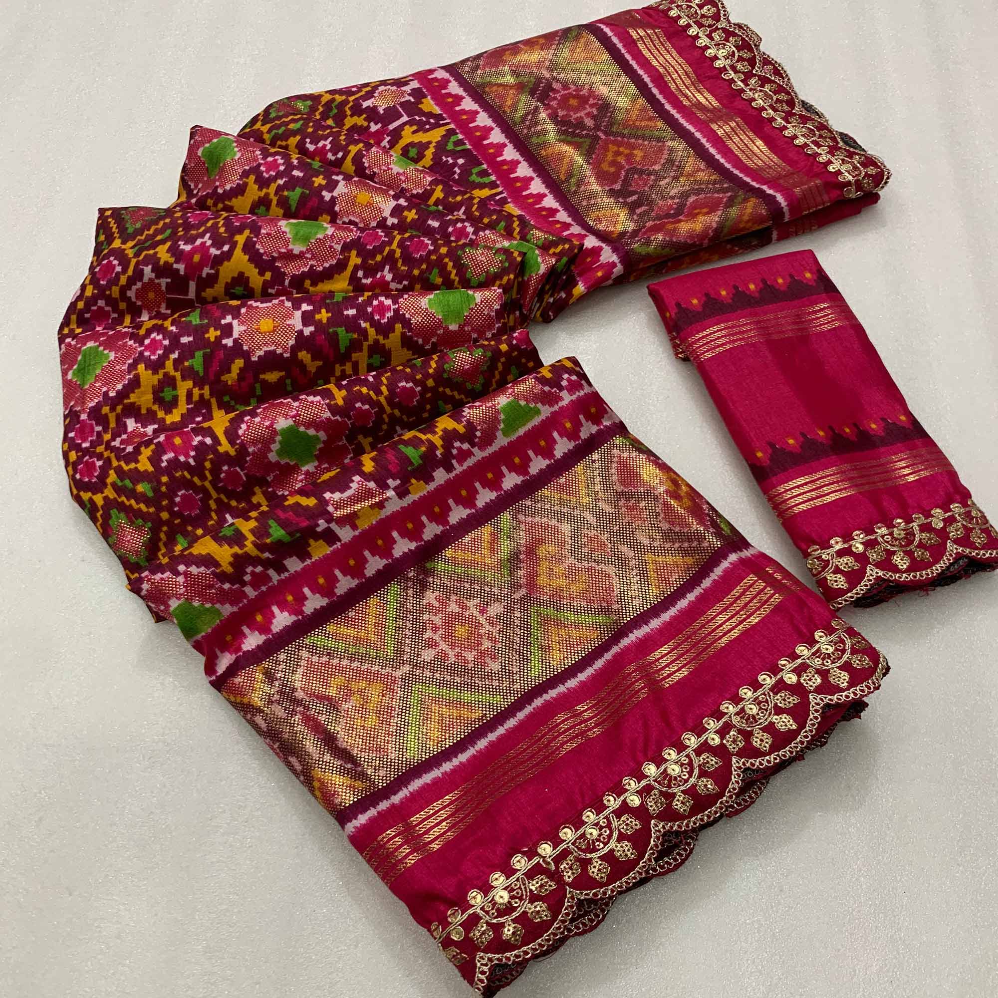 Wine & Pink Ikkat Foil Printed Silk Saree With Sequins Embroidery Border