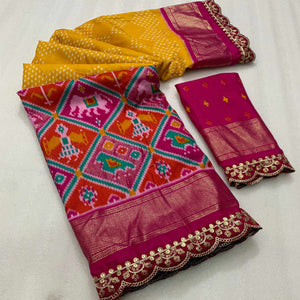 Yellow & Rani Pink Ikkat Foil Printed Silk Saree With Sequins Embroidery Border