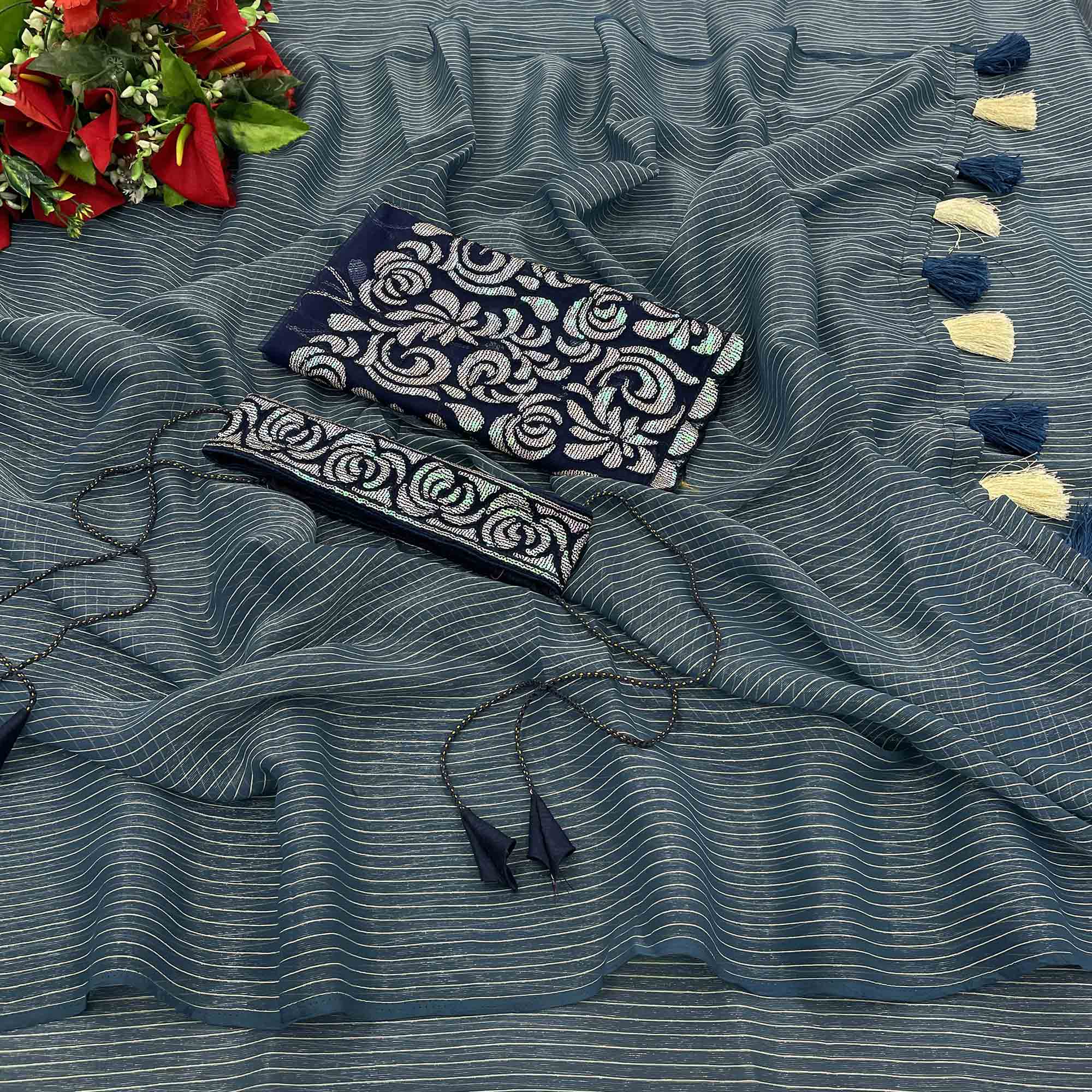 Grey & Blue Woven Chiffon Saree with Tassels