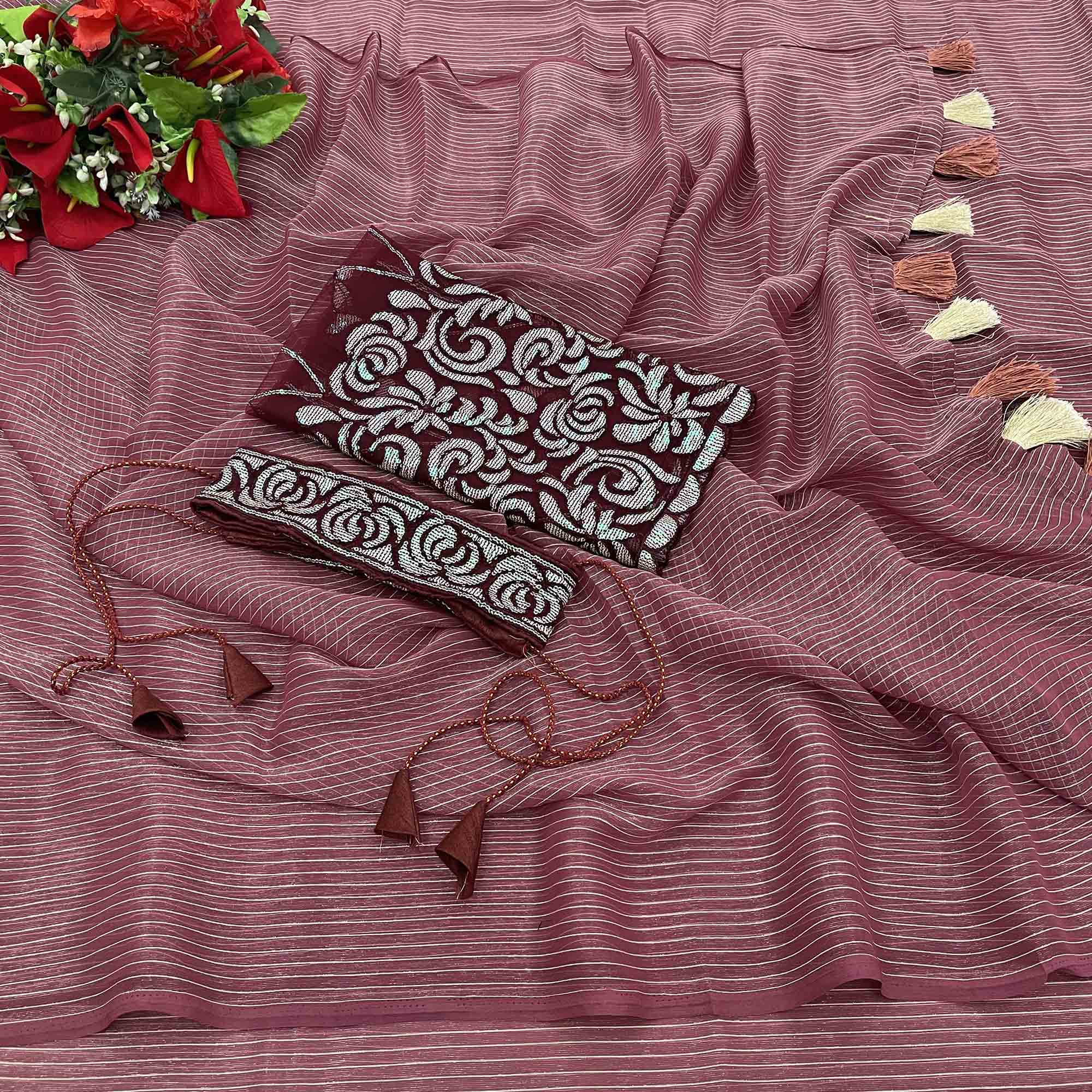 Peach & Maroon Woven Chiffon Saree with Tassels