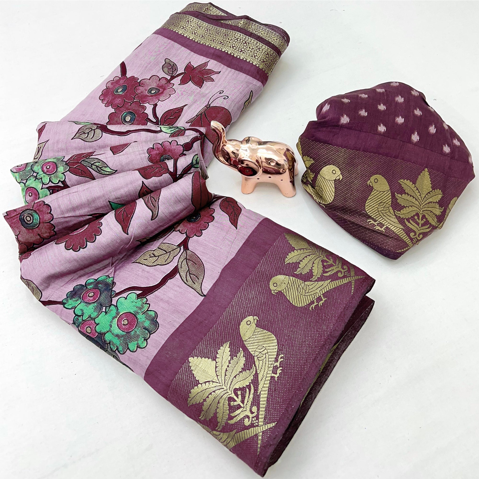Light Purple Floral Printed Saree Crafted in Soft Mulmul Cotton with Zari Border