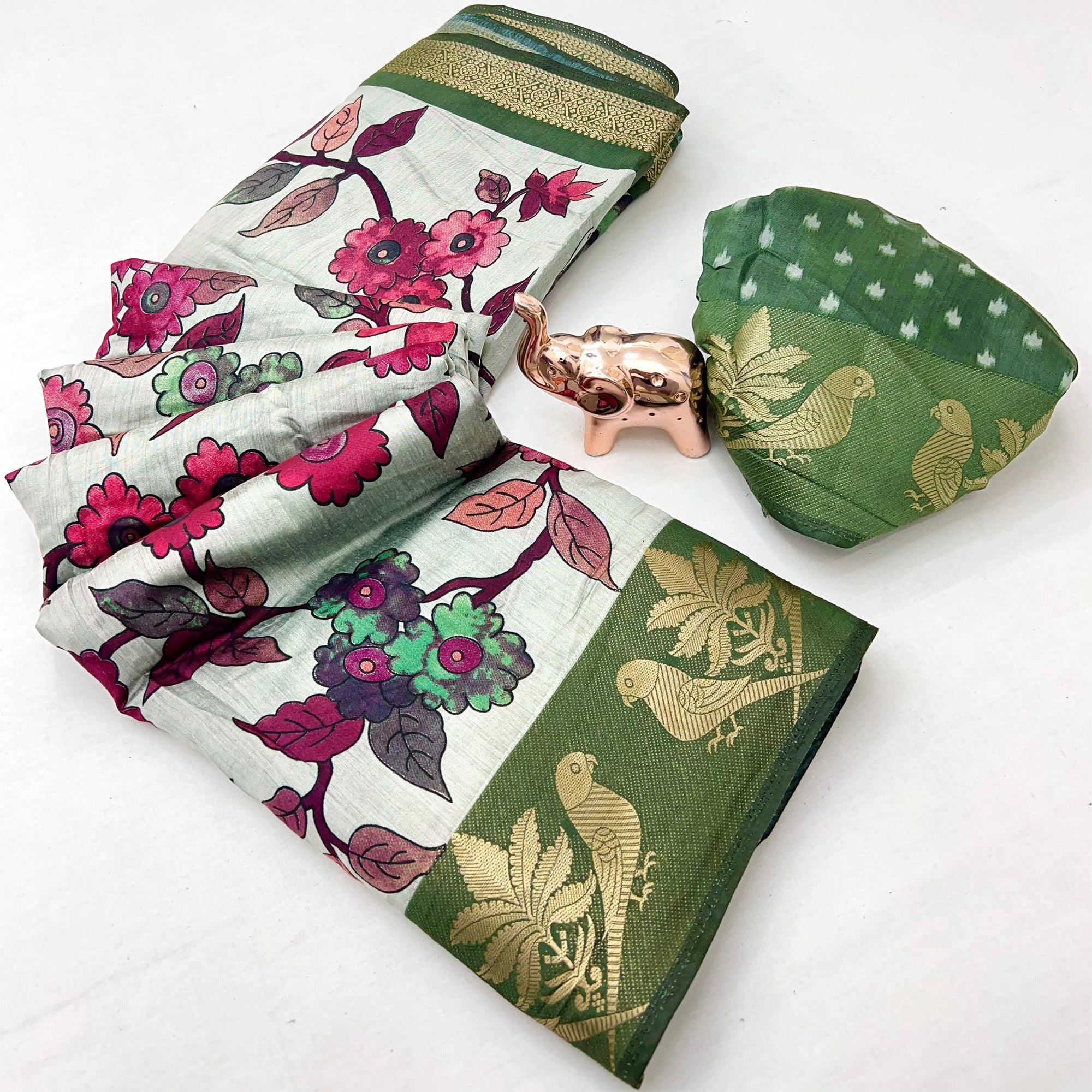 Mint Green Floral Printed Saree Crafted in Soft Mulmul Cotton with Zari Border