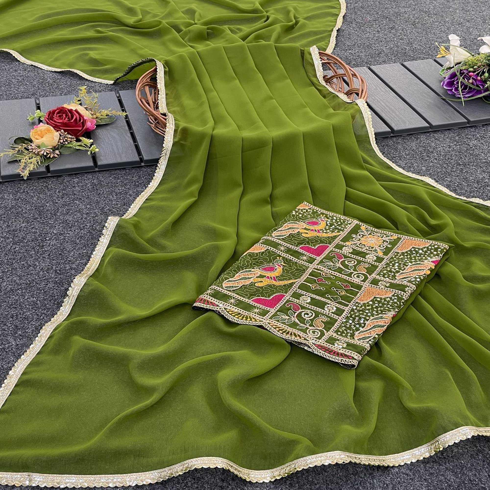 Green Solid Georgette Saree With Sequins Embroidered Border