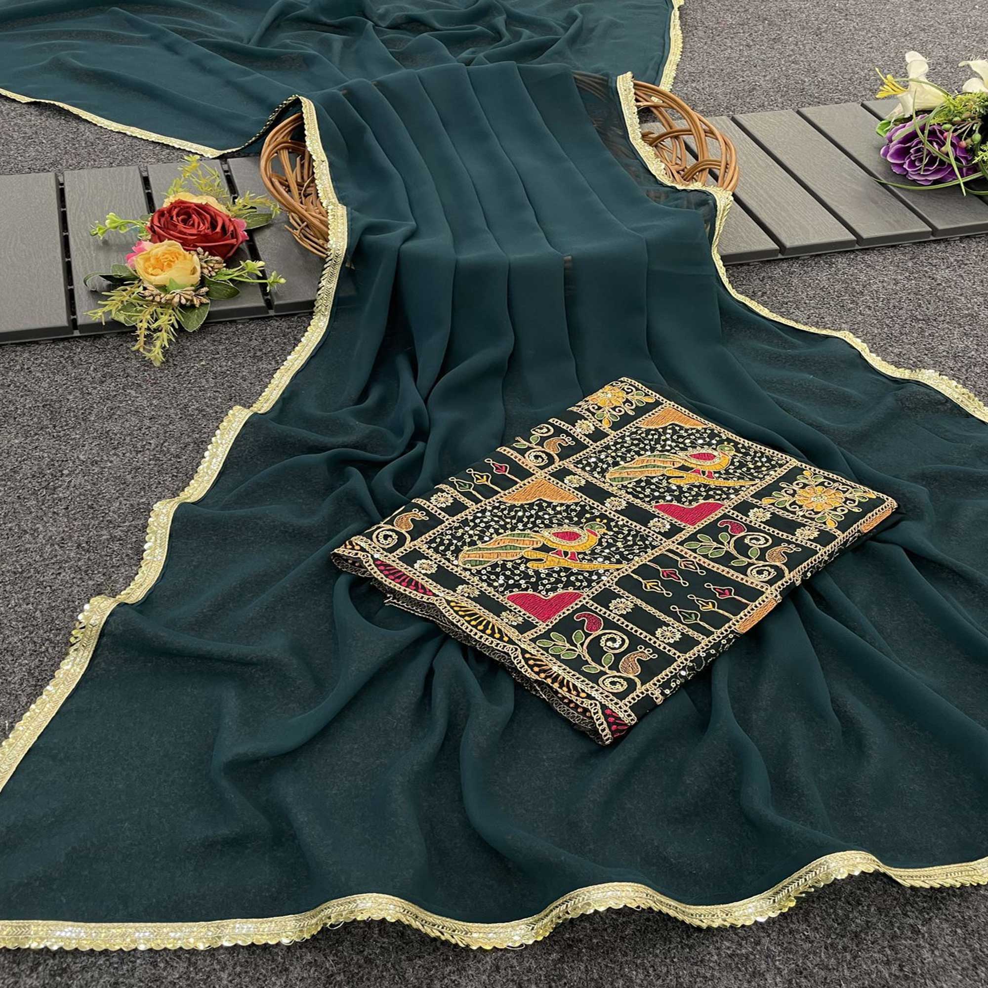 Pine Green Solid Georgette Saree With Sequins Embroidered Border
