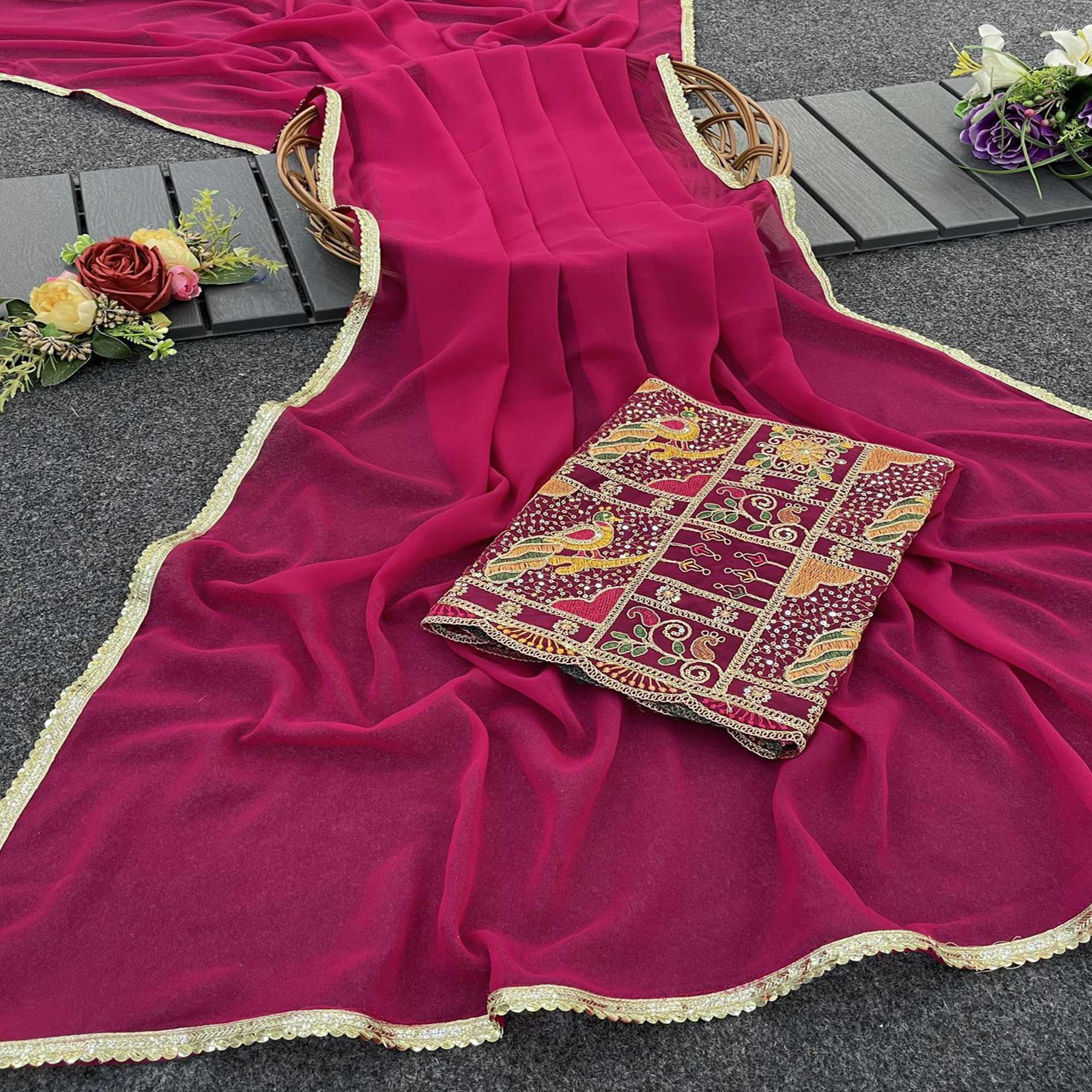 Pink Solid Georgette Saree With Sequins Embroidered Border