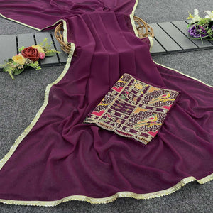 Wine Solid Georgette Saree With Sequins Embroidered Border