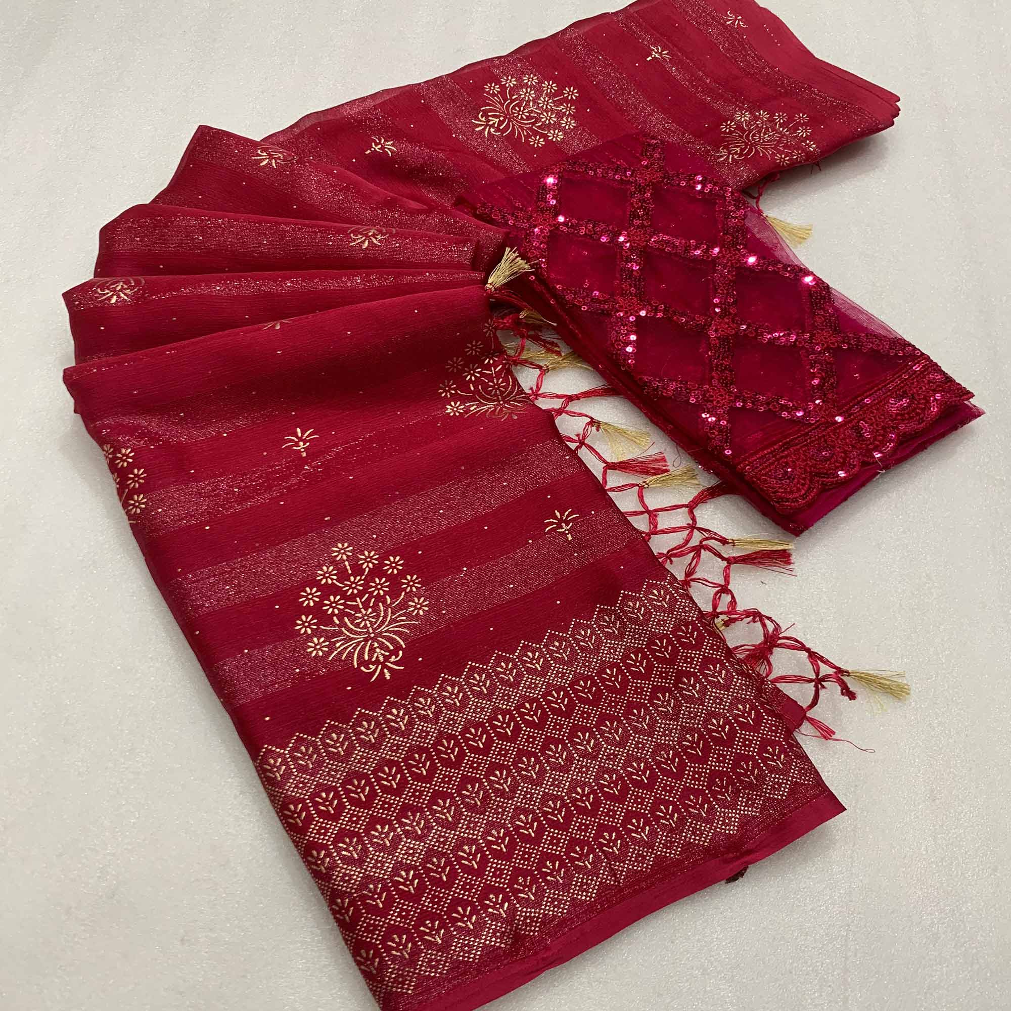 Red Emboss Floral Foil Printed Moss Art Silk Saree