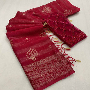 Red Emboss Floral Foil Printed Moss Art Silk Saree