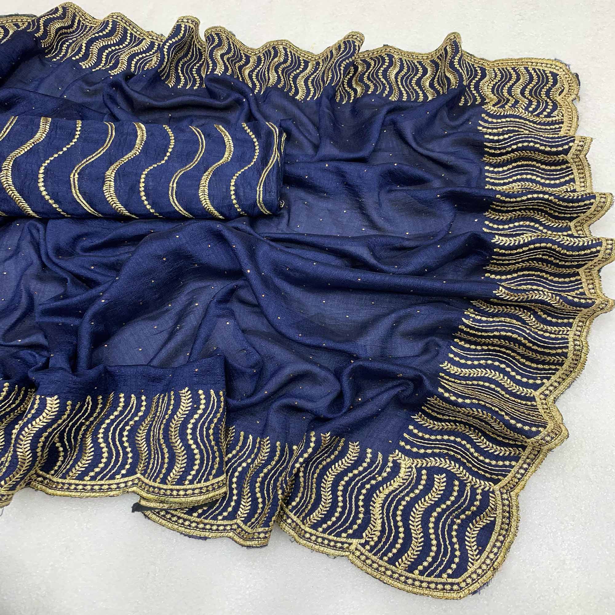 Blue Embroidered With Swarovski Work Vichitra Silk Saree