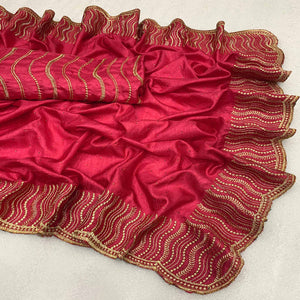 Pink Embroidered With Swarovski Work Vichitra Silk Saree