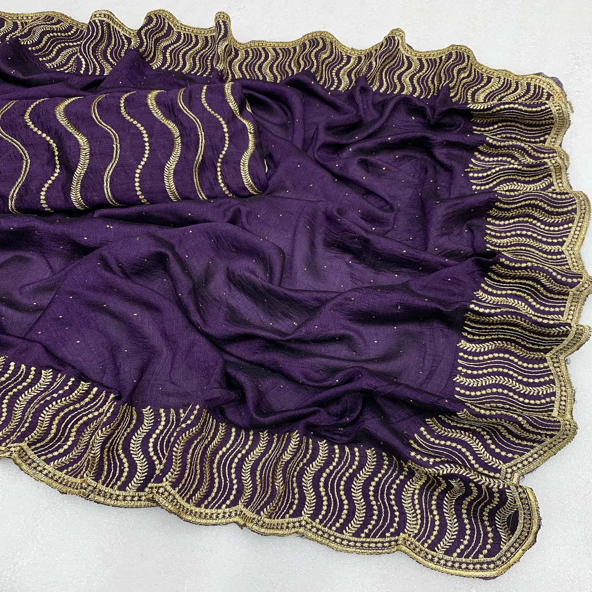 Purple Embroidered With Swarovski Work Vichitra Silk Saree