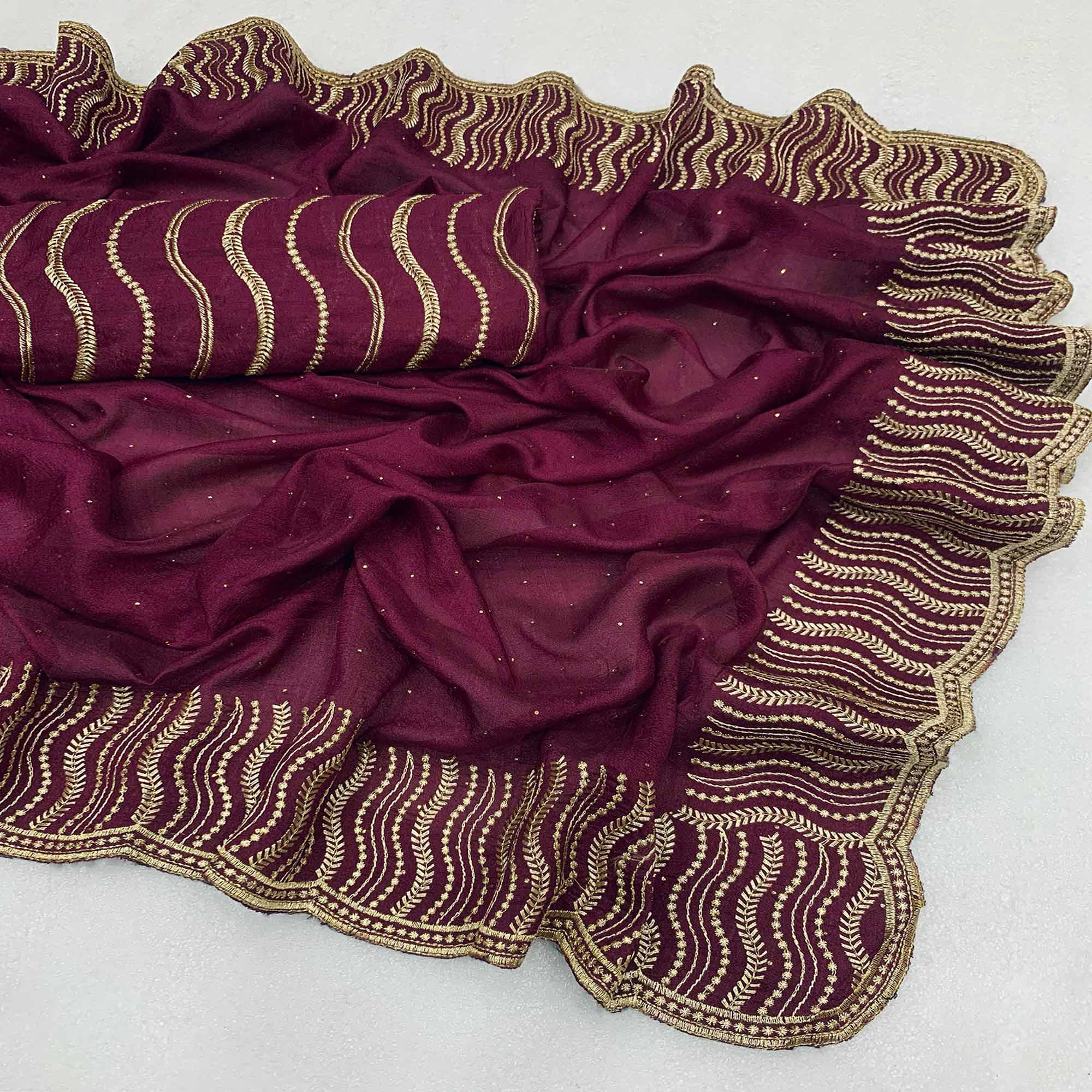 Wine Embroidered With Swarovski Work Vichitra Silk Saree