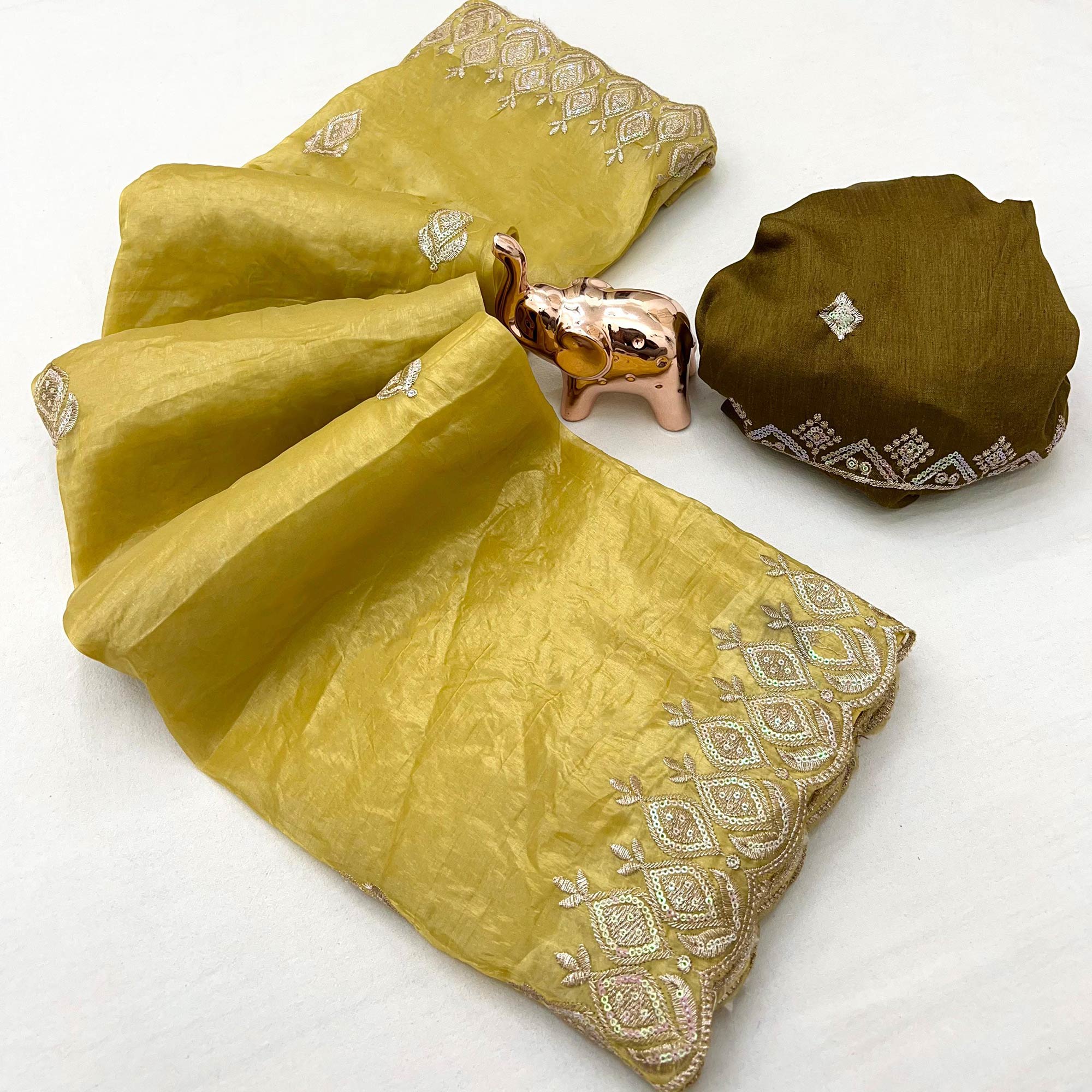 Dark Mustard Floral Sequins Embroidered Fancy Fabrics Crush Saree