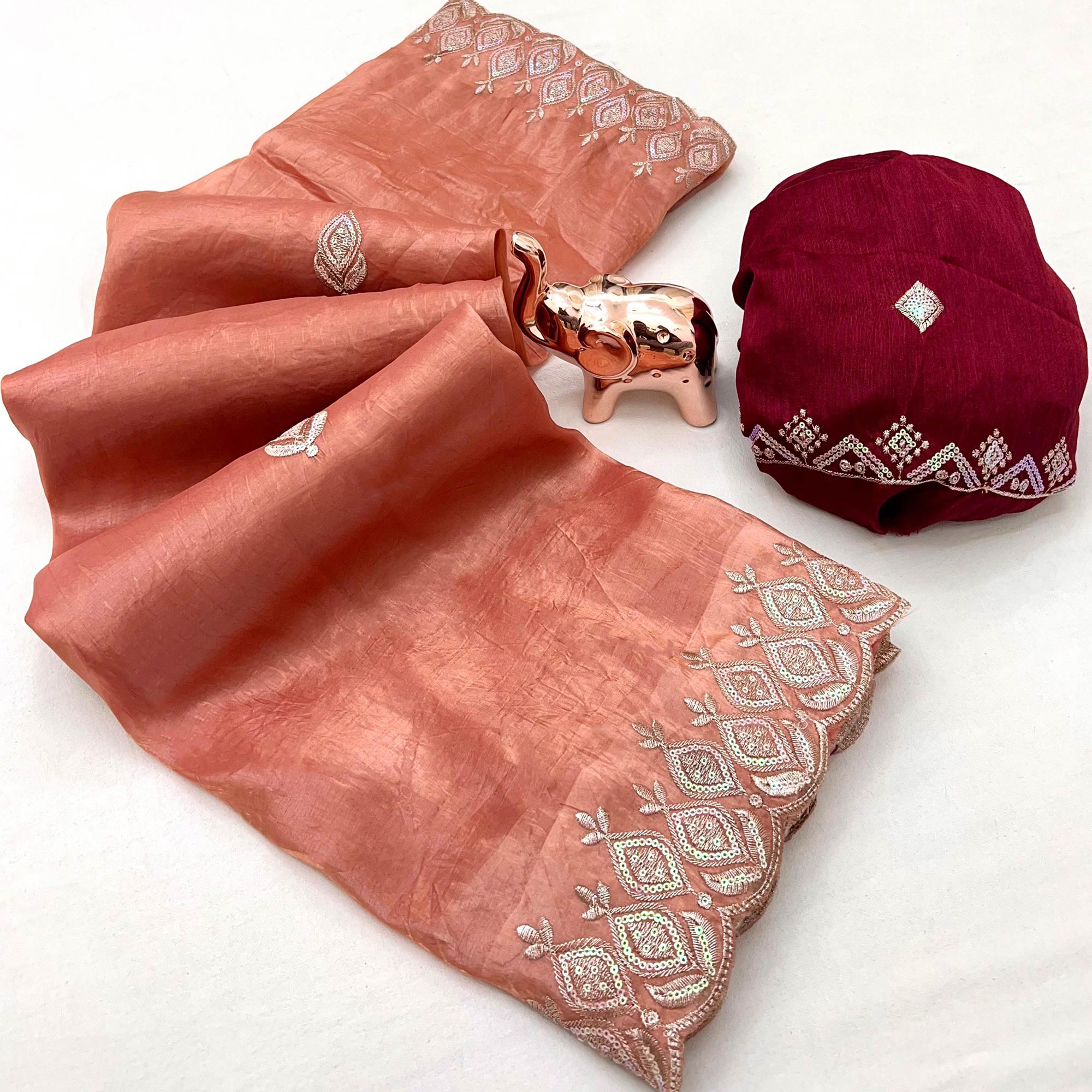 Peach Floral Sequins Embroidered Fancy Fabrics Crush Saree