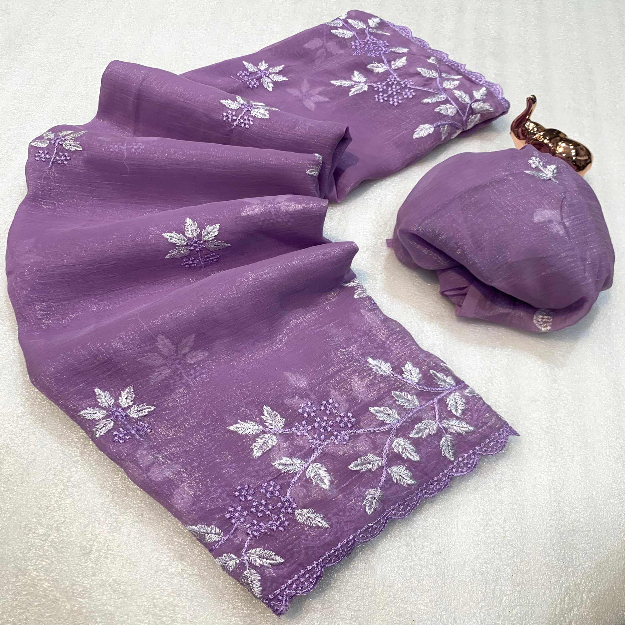 Lavender Chiffon Saree Adorned With Delicate Floral Thread Embroidery