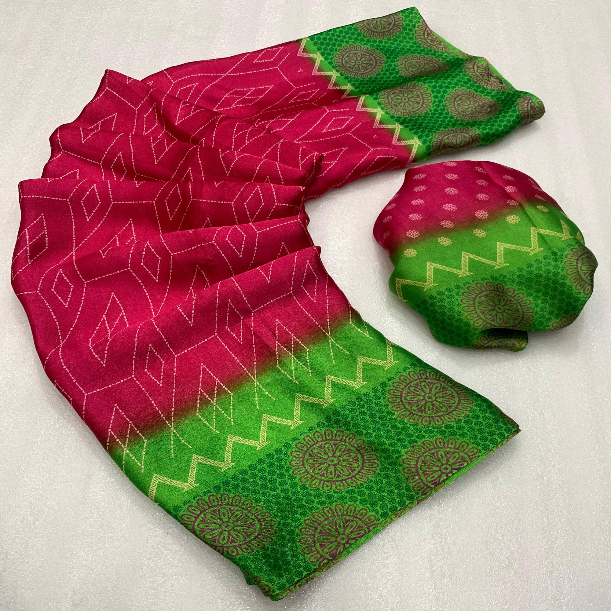Pink Geometric Printed Chiffon Saree