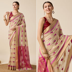 Beige Zari Woven Cotton Silk Saree