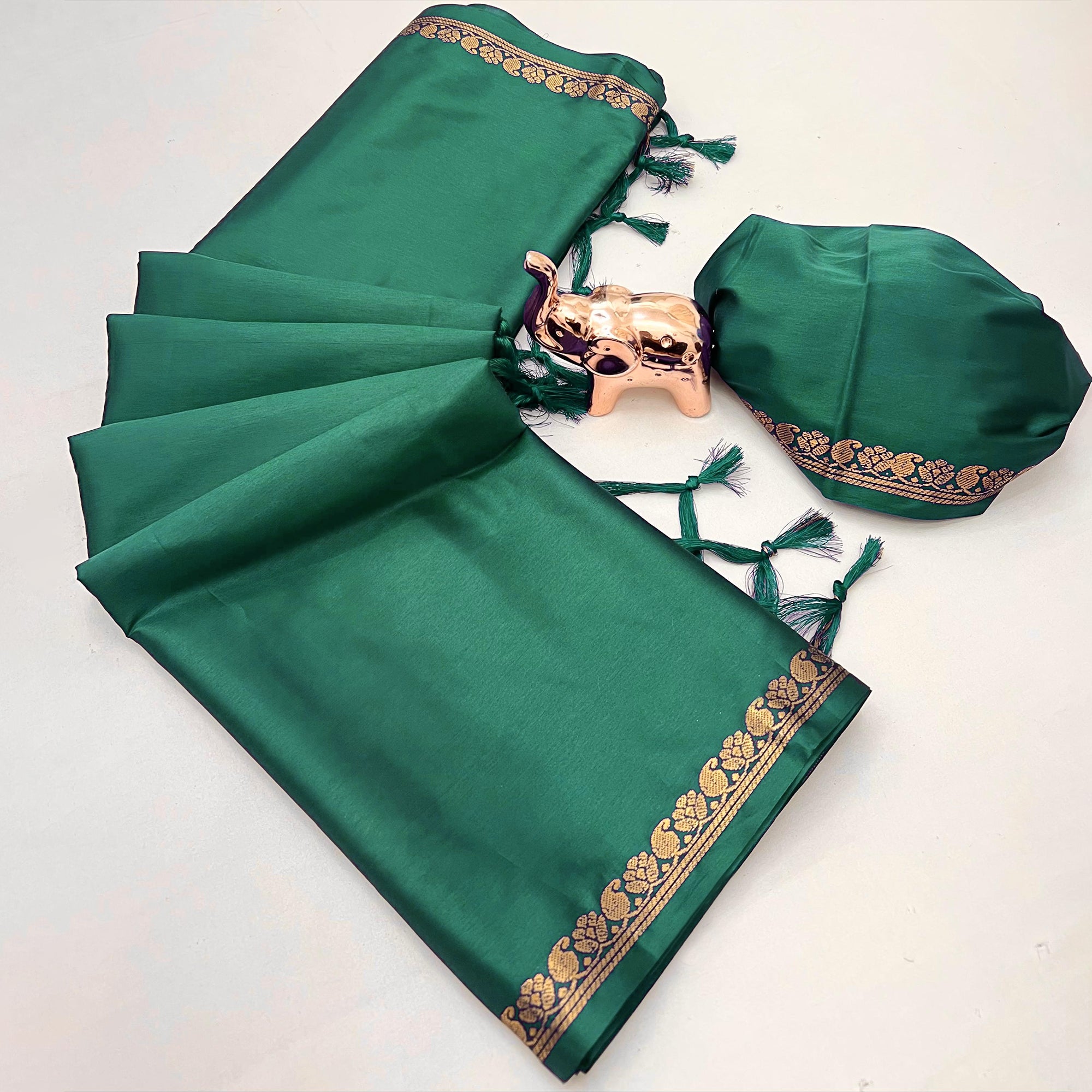 Classic Dark Green Solid Weaving Mysore Silk Saree Accented With Floral Border & Tassel Pallu