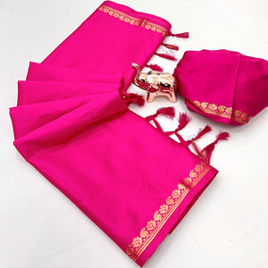 Classic Rani Pink Solid Weaving Mysore Silk Saree Accented With Floral Border & Tassel Pallu
