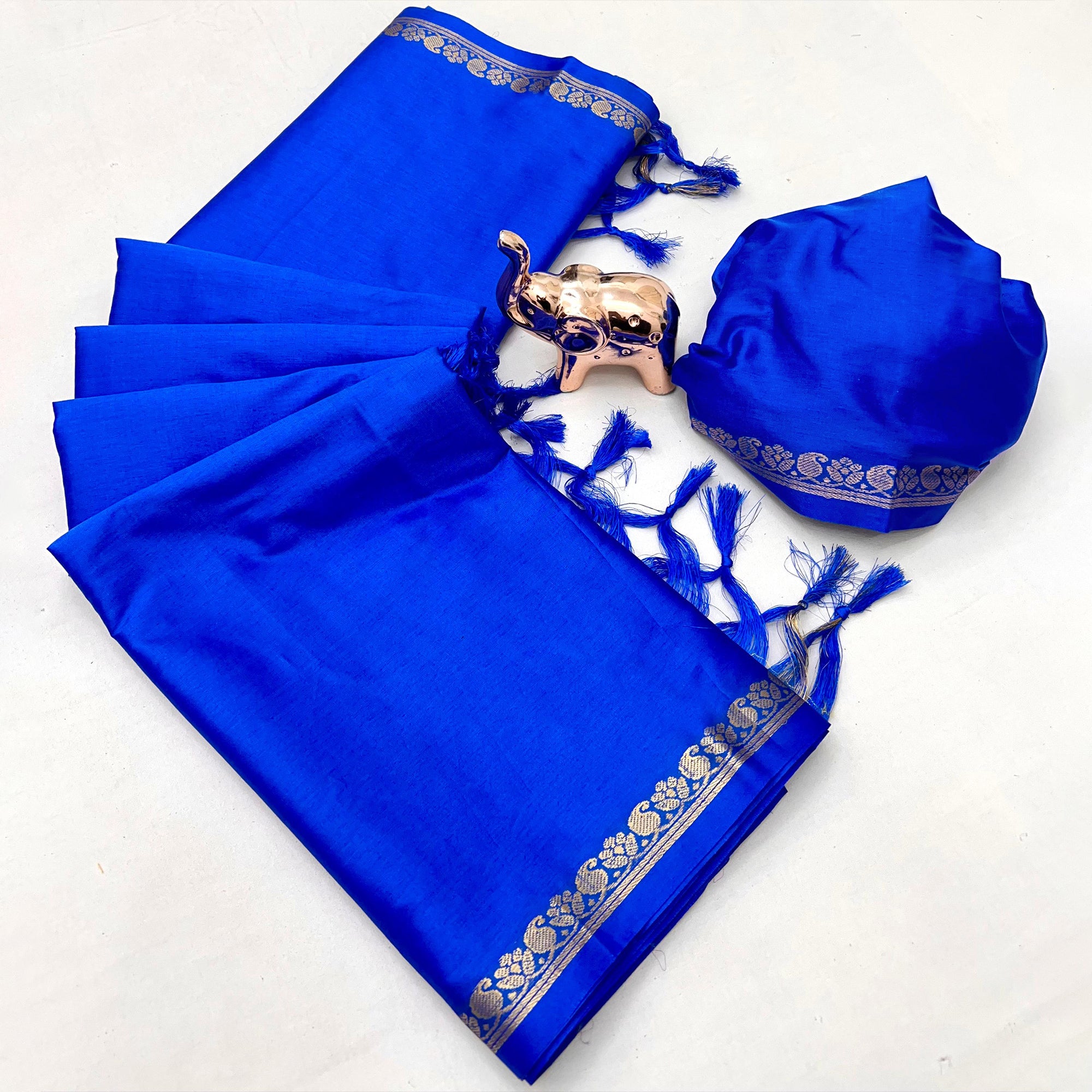 Classic Royal Blue Solid Weaving Mysore Silk Saree Accented With Floral Border & Tassel Pallu