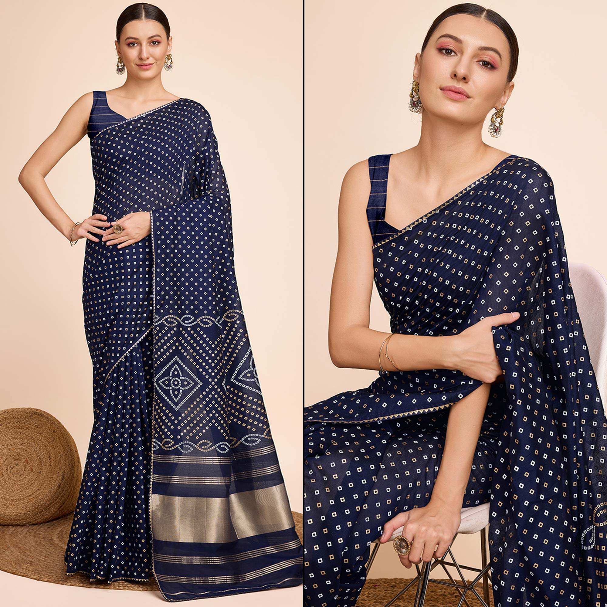Blue Bandhani Printed Cotton Silk Saree