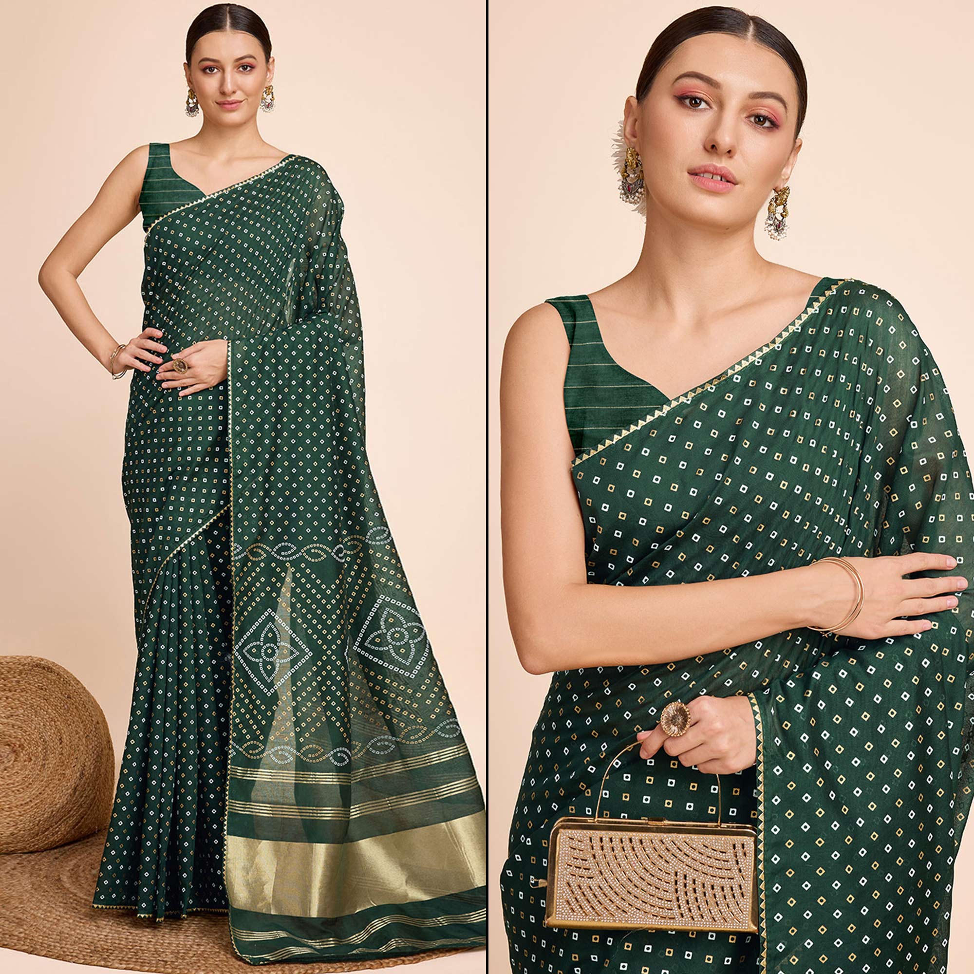 Green Bandhani Printed Cotton Silk Saree