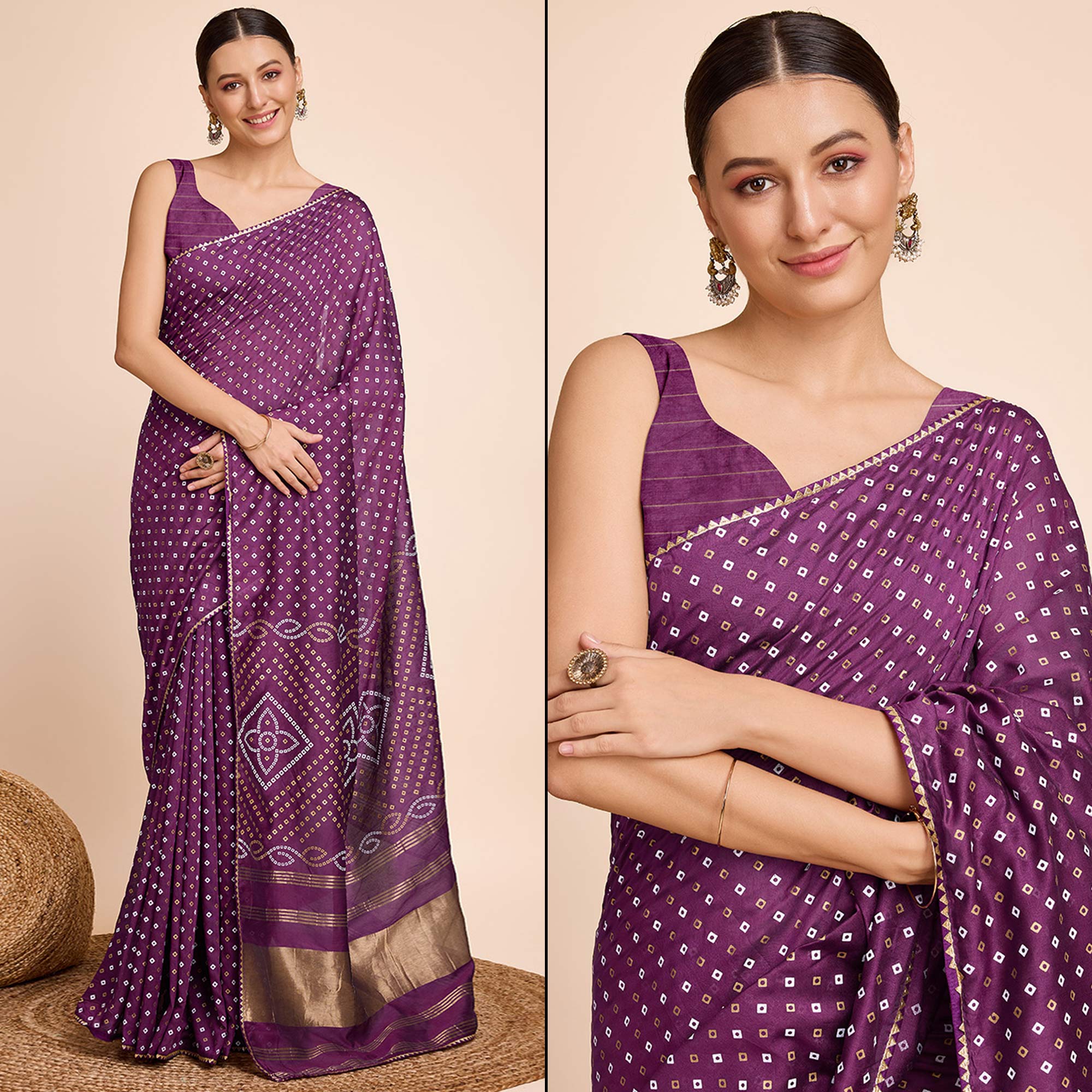 Purple Bandhani Printed Cotton Silk Saree