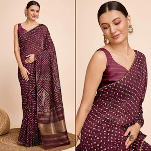 Wine Bandhani Printed Cotton Silk Saree