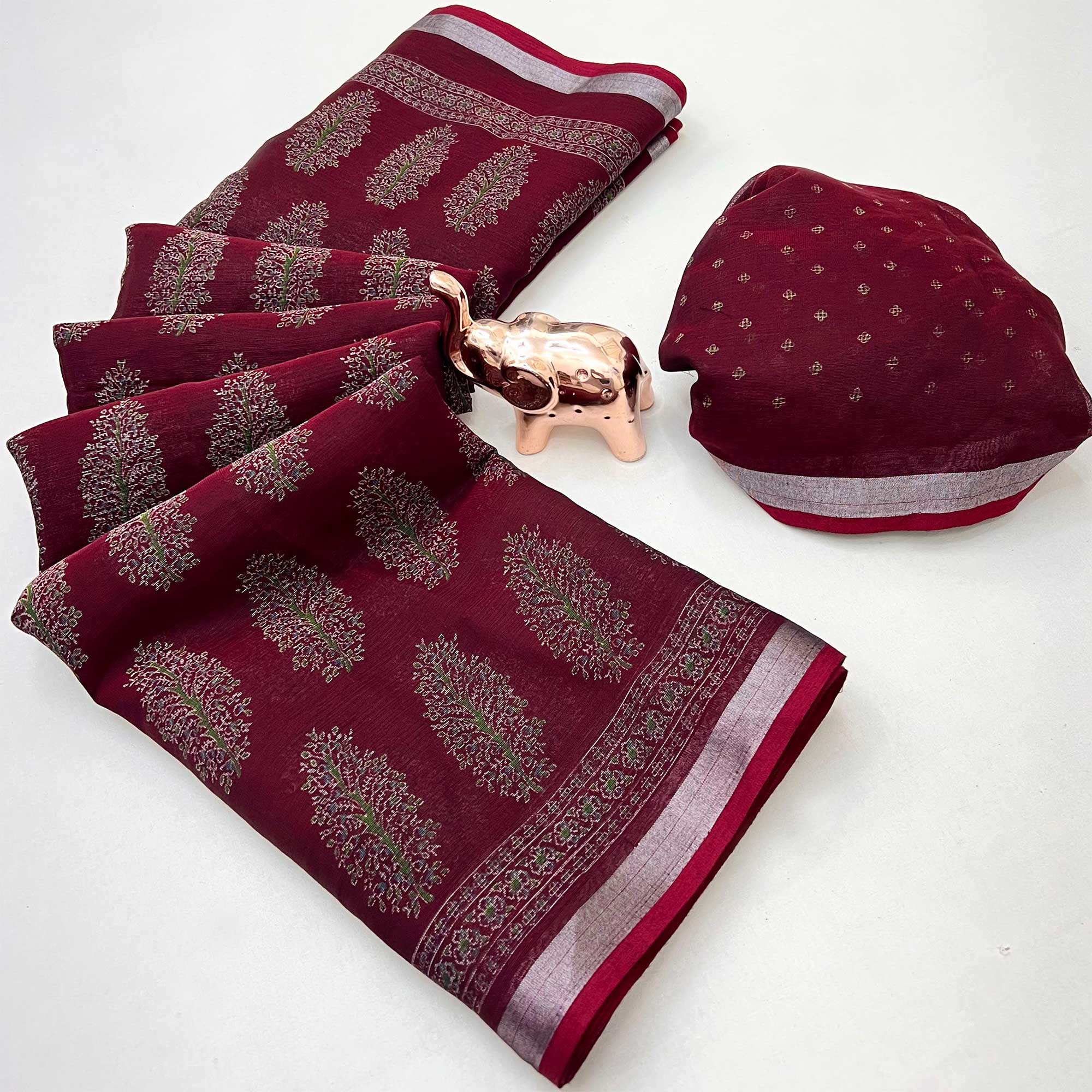 Classic Maroon Linen Cotton Saree Featuring Floral Ajrakh Print & Rich Silver Zari Border