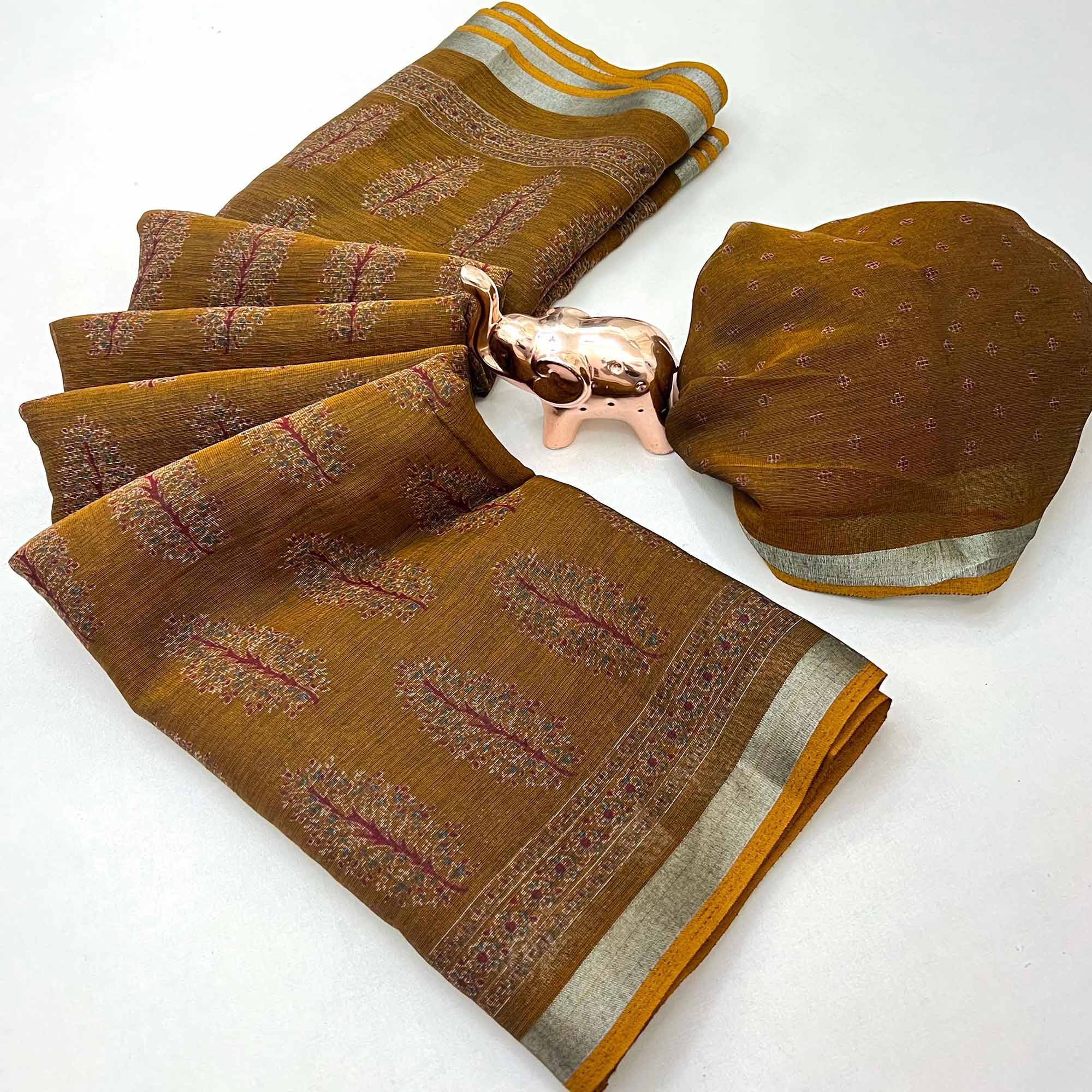 Classic Mustard Linen Cotton Saree Featuring Floral Ajrakh Print & Rich Silver Zari Border