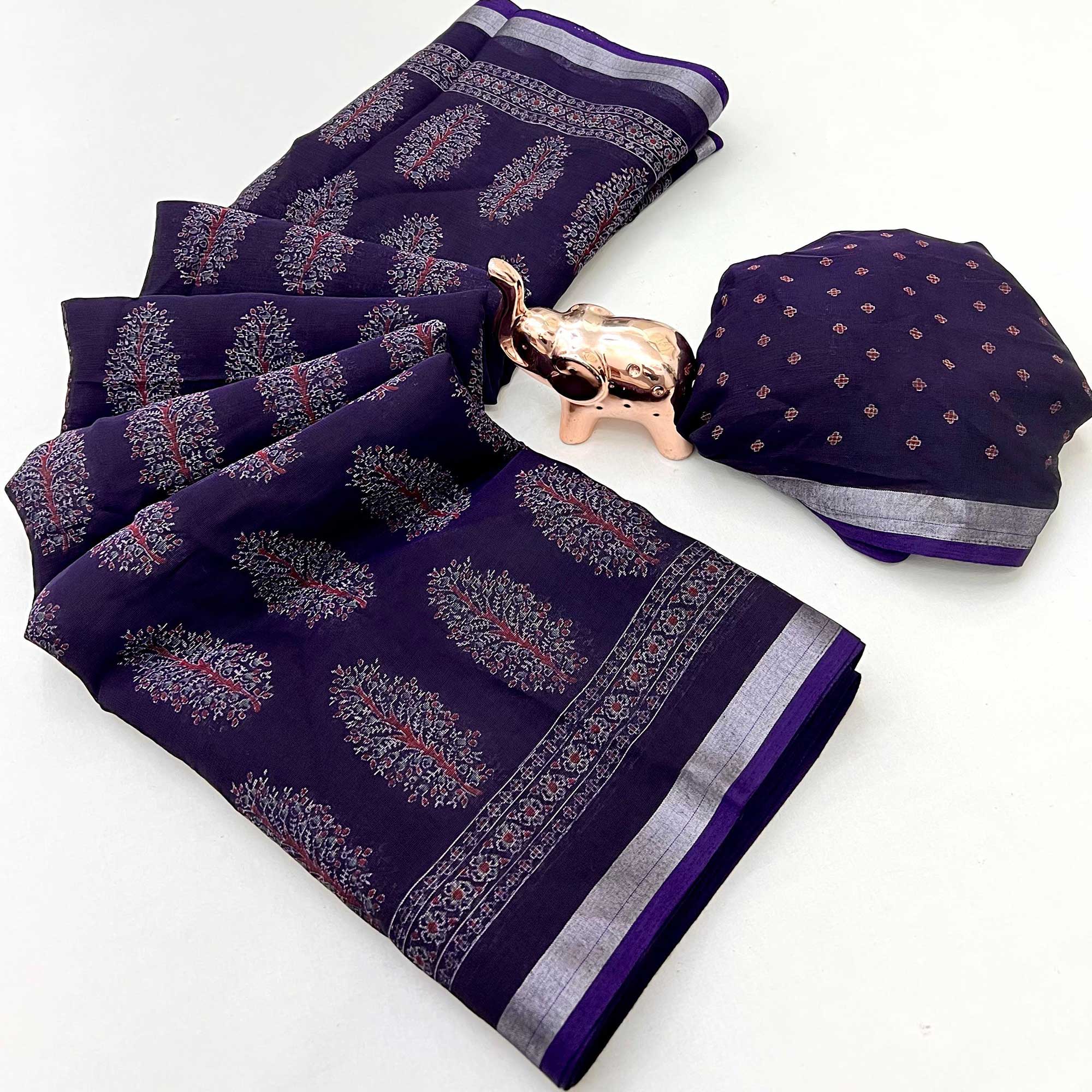 Classic Purple Linen Cotton Saree Featuring Floral Ajrakh Print & Rich Silver Zari Border