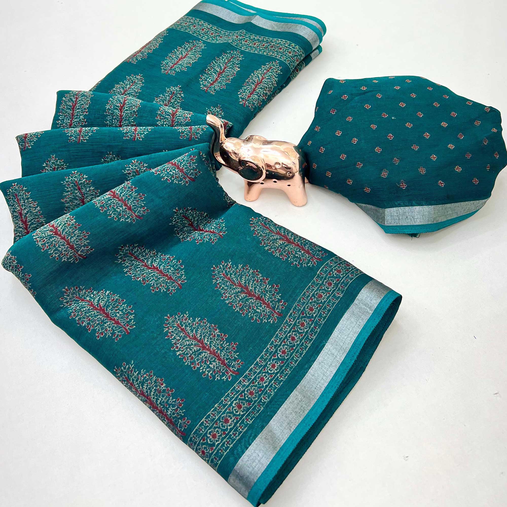 Classic Teal Linen Cotton Saree Featuring Floral Ajrakh Print & Rich Silver Zari Border