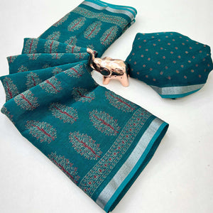 Classic Teal Linen Cotton Saree Featuring Floral Ajrakh Print & Rich Silver Zari Border