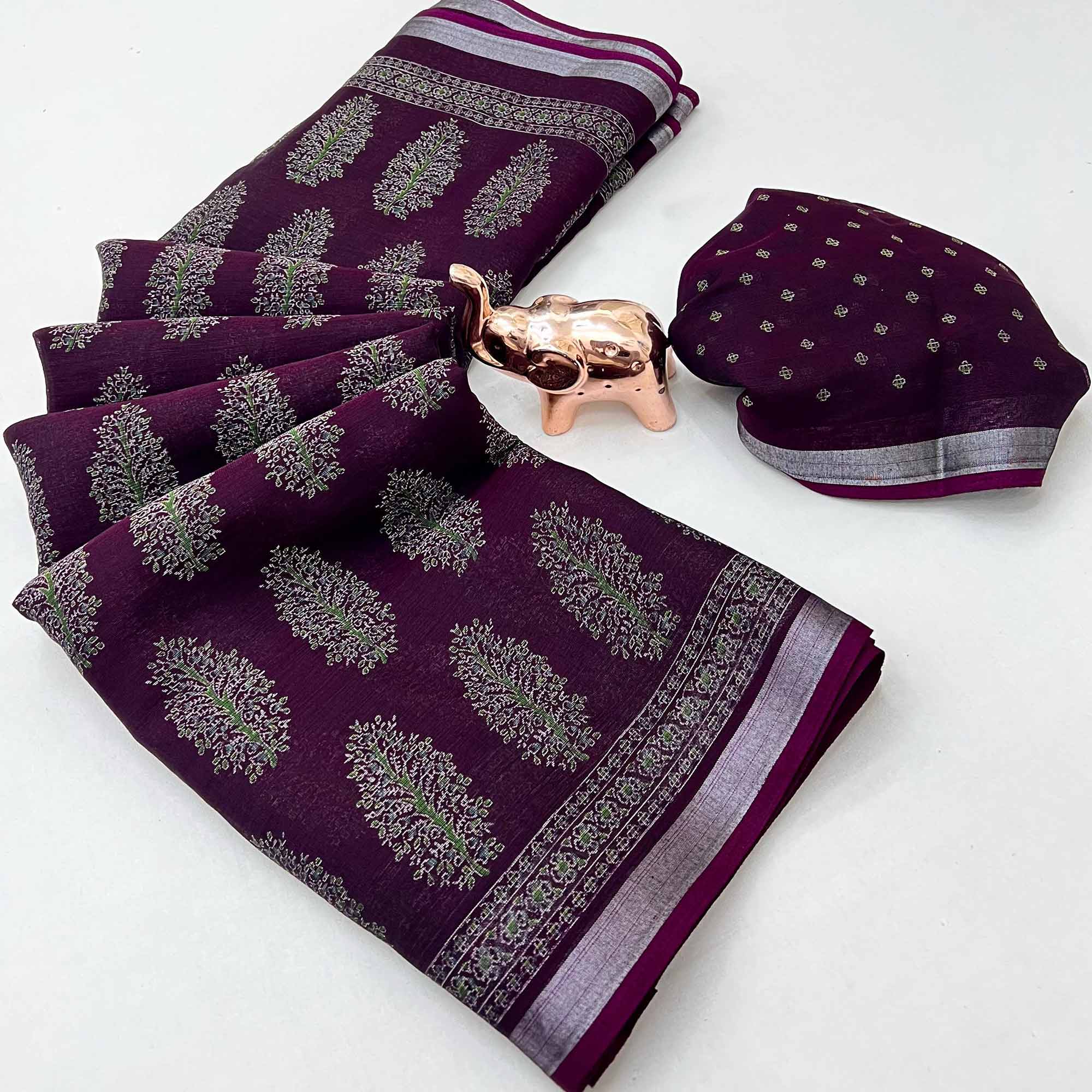 Classic Wine Linen Cotton Saree Featuring Floral Ajrakh Print & Rich Silver Zari Border