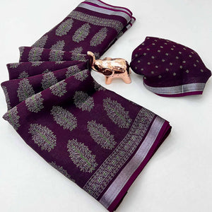 Classic Wine Linen Cotton Saree Featuring Floral Ajrakh Print & Rich Silver Zari Border