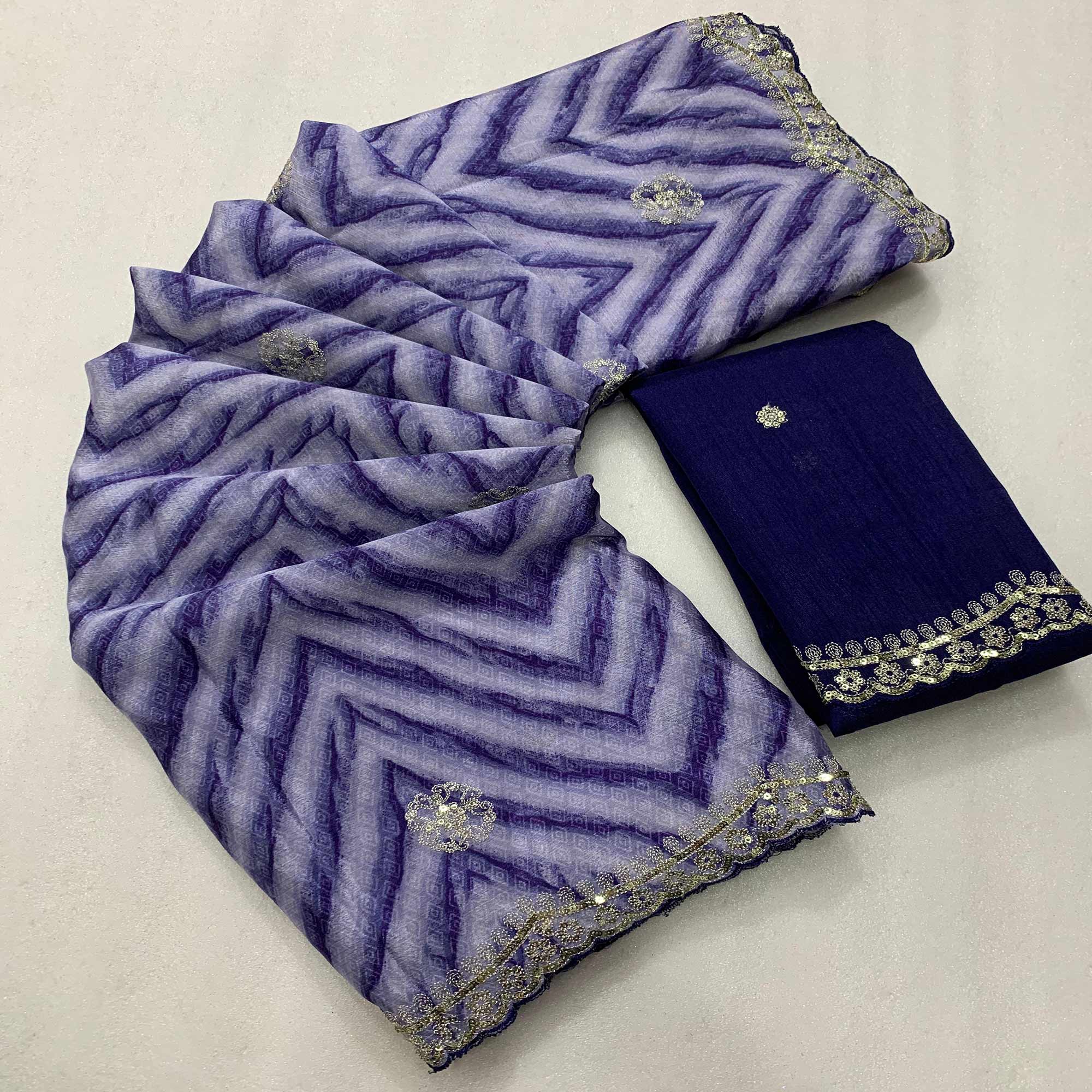 Blue Leheriya Printed With Sequins Embroidered Chinon Saree