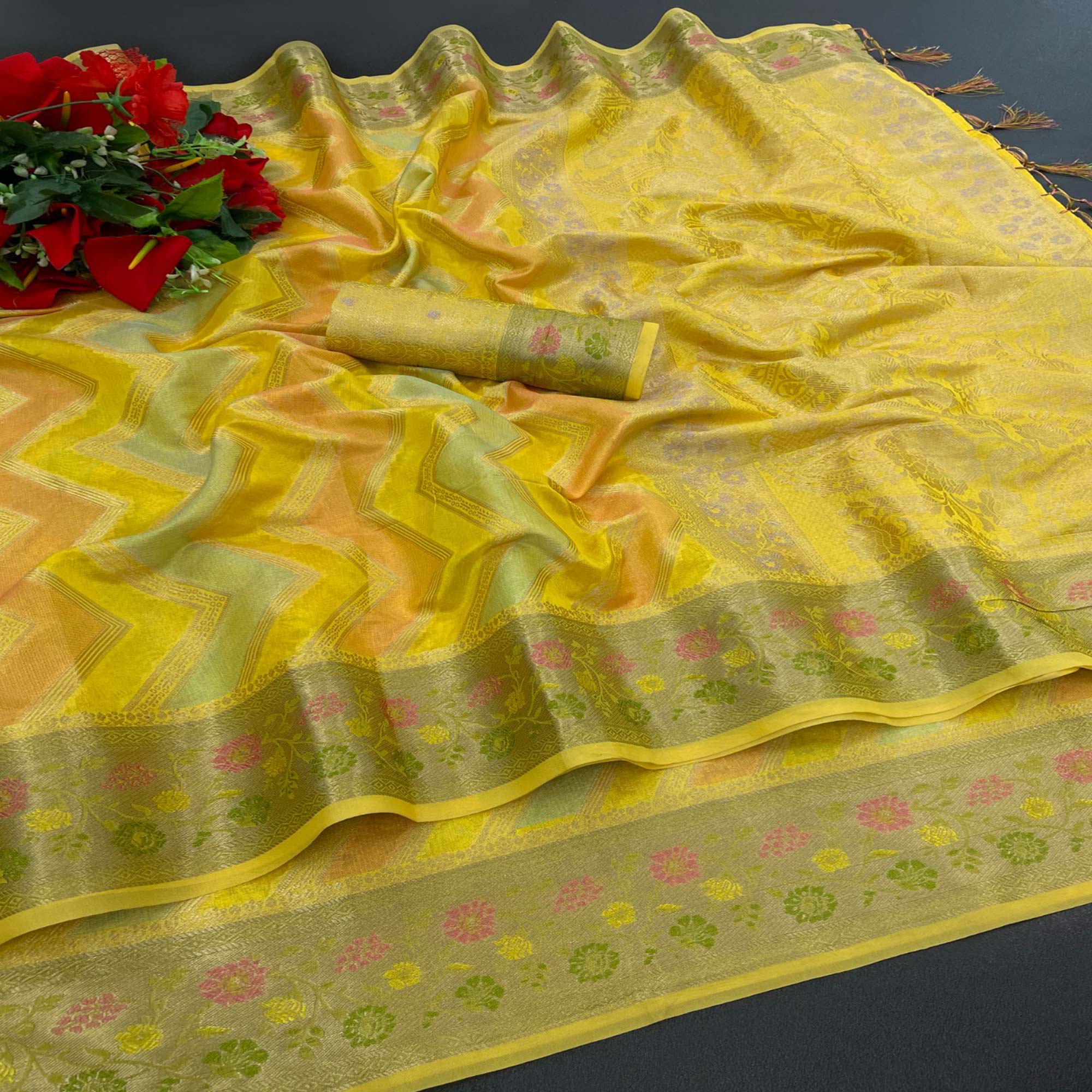 Yellow Woven Organza Saree With Tassels