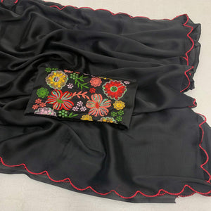 Black Solid Art Silk Saree With Embroidered Border