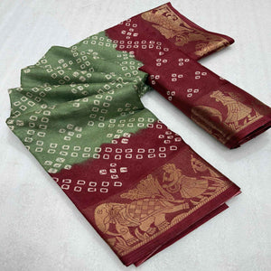 Classic Green & Maroon Bandhani Printed Dola Silk Saree With Weaving Jacquard Border