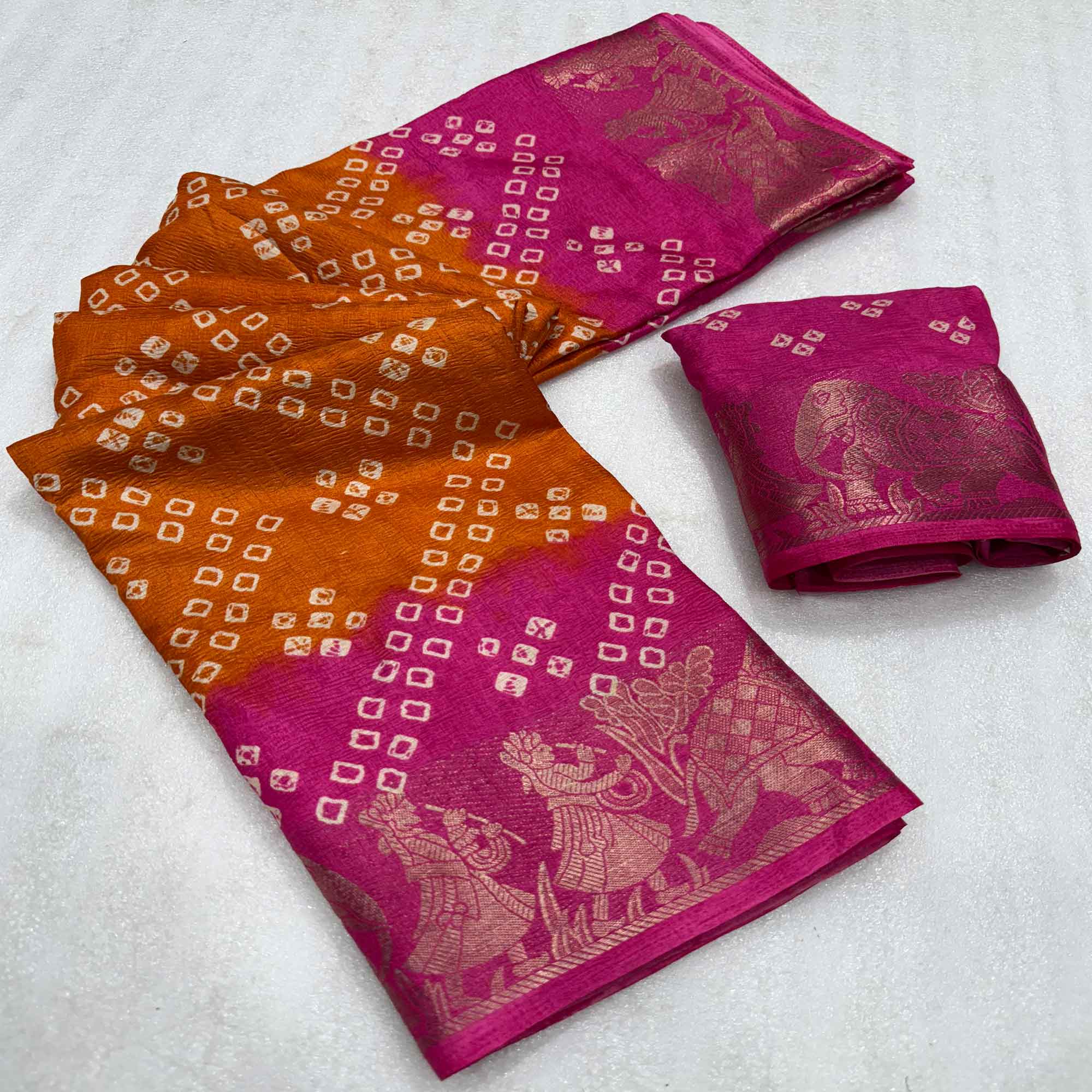 Classic Orange & Pink Bandhani Printed Dola Silk Saree With Weaving Jacquard Border